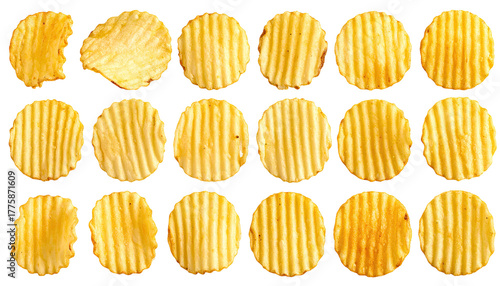 Rows of rippled, golden potato chips against a black background