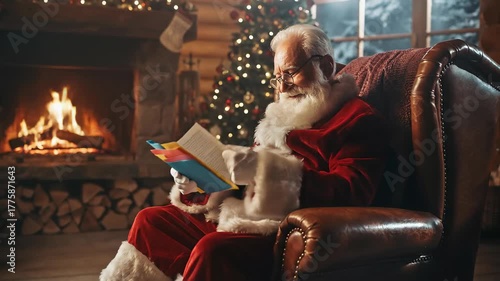 Santa Claus Sitting in Cozy Living Room Reading Christmas Card