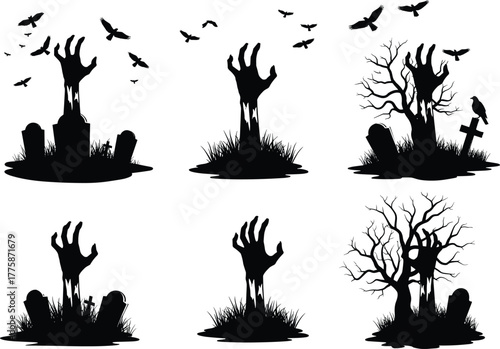 Zombie hands rising from graveyard with tombstones, trees, birds, and horror atmosphere in black silhouette for Halloween vector design