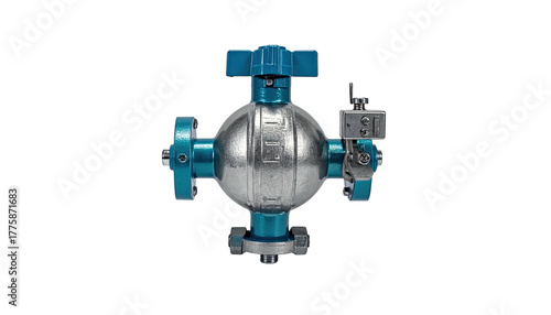 Silver ball valve with blue accents. Black background