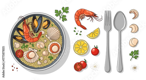 Delicious Seafood Soup Bowl with Shrimp Mussels and Scallops Served with Lemon and Utensils.