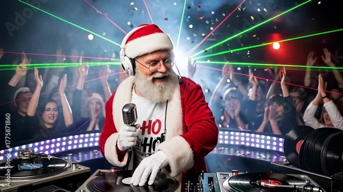 Excited Santa DJ raising his fist while mixing music and singing into a mic for a cheering crowd at a neon-lit Christmas party