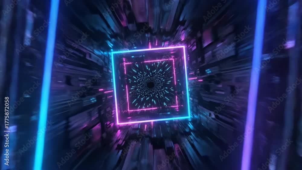 Neon tunnel with concentric glowing squares particle motion creating futuristic vortex of blue and pink light dynamic energetic atmosphere conveying motion and depth neon circuit chip glowing frame