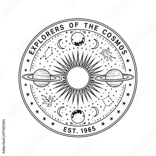 Explorers of the Cosmos Celestial Emblem with Planets and Stars.