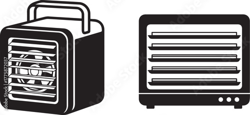 Black and White Flat Design Vector of Portable Fan and Dehydrator