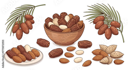 Hand-drawn collection of date fruits and almonds shown in a bowl on a plate and on palm fronds.