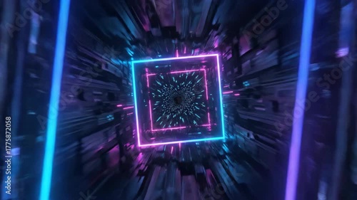 Neon tunnel with concentric glowing squares particle motion creating futuristic vortex of blue and pink light dynamic energetic atmosphere conveying motion and depth neon circuit chip glowing frame