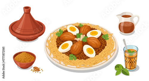 Delicious Moroccan Tagine Dish with Eggs Couscous and Mint Tea.