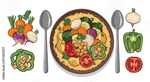 Couscous Bowl with Colorful Vegetables and Spoons Healthy Meal.