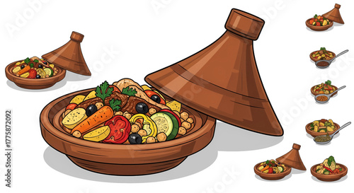 Traditional Moroccan Tagine Dish with Vegetables and Meat.