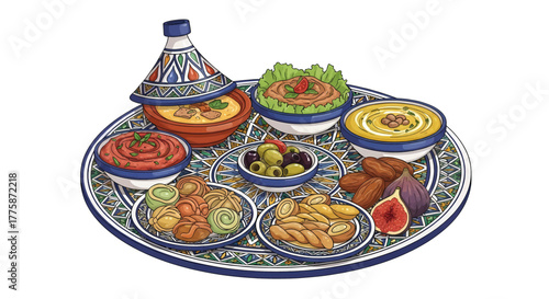 Moroccan Cuisine Platter: Traditional Dishes Tagine Olives and Appetizers on Decorative Plate.