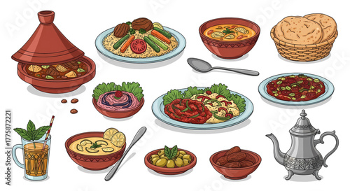 Assortment of Delicious Moroccan Dishes and Beverages.