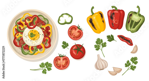 A vibrant illustration of a shakshuka breakfast dish with a fried egg surrounded by its fresh ingredients like bell peppers tomatoes and garlic.