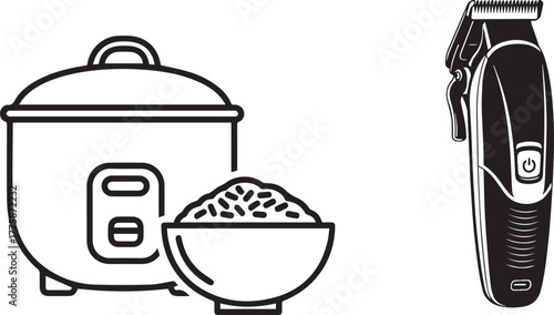 Monochrome Vector Icons: Rice Cooker with Bowl of Rice and Electric Clipper