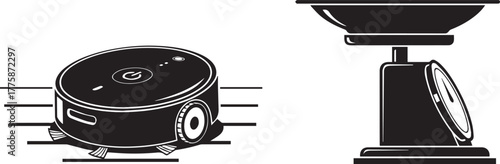 Black and White Vector Graphics of Robotic Vacuum and Analog Scale