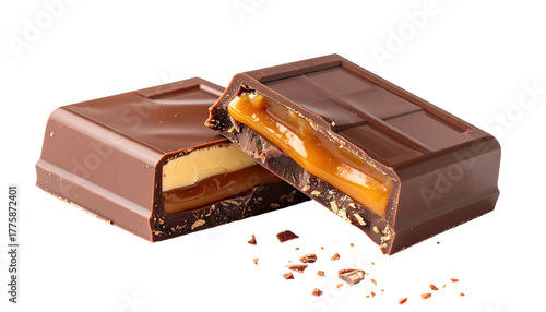 Cut chocolate reveals caramel, peanut butter filling