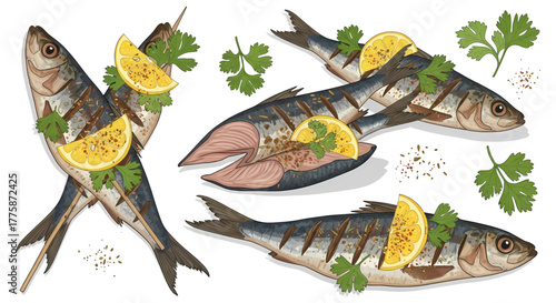 Grilled Fish with Lemon and Parsley Garnishes Cooked.