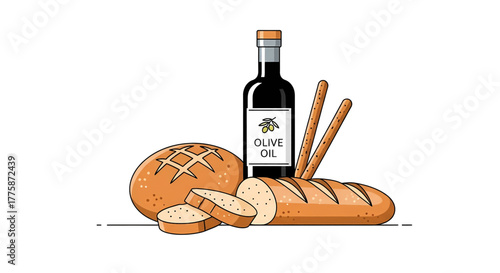 Freshly Baked Bread and Olive Oil Bottle.