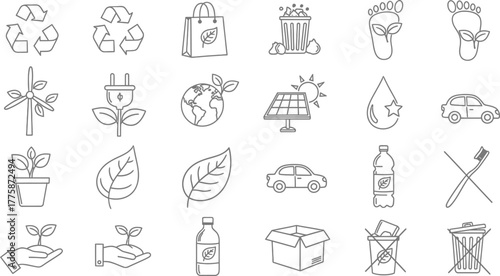 Environment Icon Set on Transparent Background Featuring Recycling and Green Energy