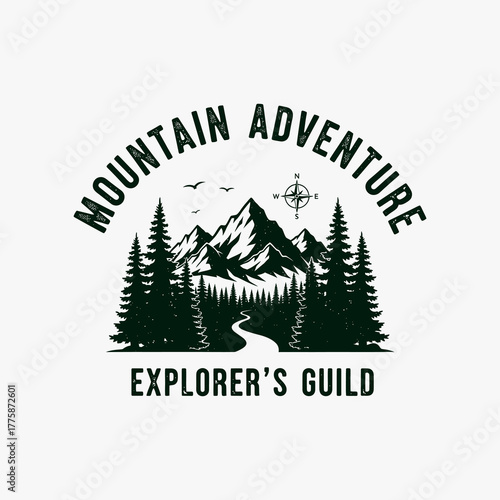 Mountain Adventure Explorers Guild Emblem with Pine Trees and Compass.