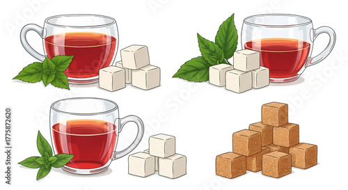 Red Tea in Glass Cups with White Sugar Cubes Caramel and Mint Leaves.