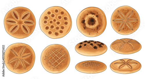 Assortment of Freshly Baked Round Bread Rolls with Various Designs.