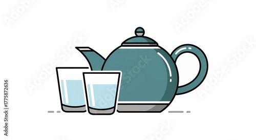 Teal Teapot with Two Glasses of Water Illustration.