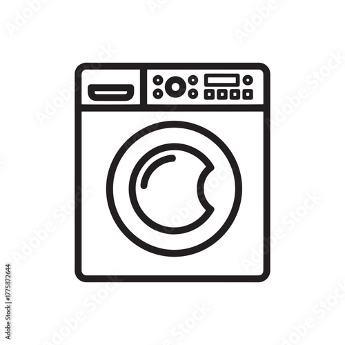 Front load washing machine icon, clean simple line art illustration, modern appliance