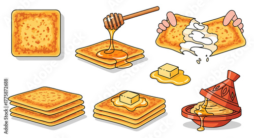 Cartoon square crackers with honey butter and cream toppings.