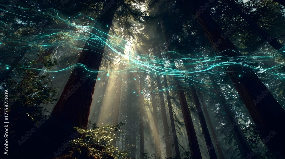 Obraz premium Digital Energy Flow in a Forest – AI Nature Connection with Sun Rays 