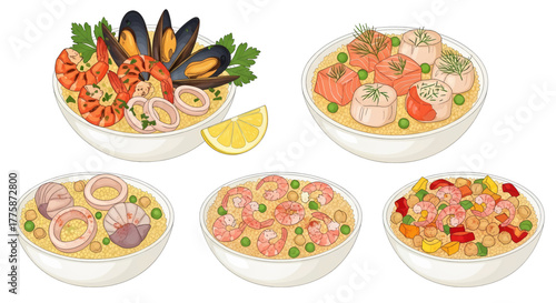 Assortment of Fresh Seafood Dishes in White Bowls.
