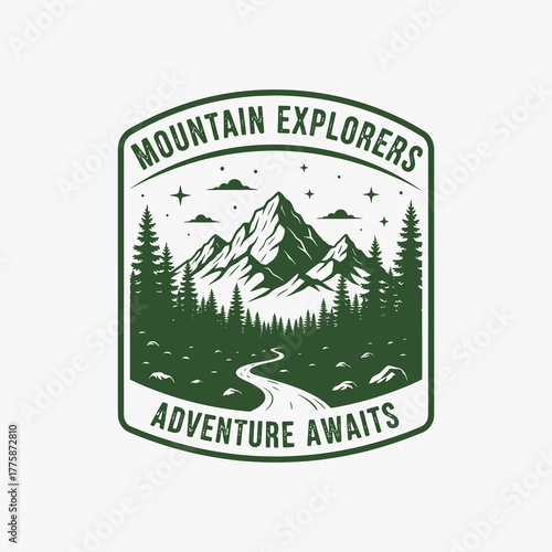 Vintage mountain explorers adventure awaits emblem design.