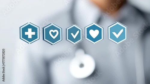 Medical symbol heart check health care concept with doctor silhouette and stethoscope background expressing trust wellbeing medical insurance healthcare cross heart check icons hexagon interface held