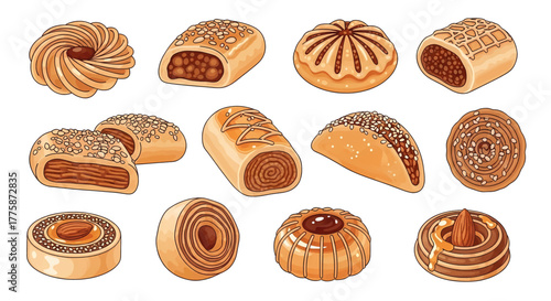 Illustrated collection of traditional Middle Eastern pastries and cookies with intricate designs and sweet fillings.