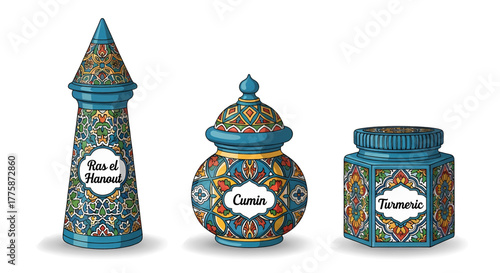 Three Decorative Ceramic Spice Jars with Colorful Patterns and Labels.
