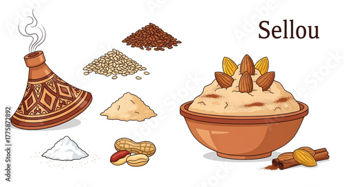 Traditional Moroccan Sellou dessert illustration with its main ingredients like almonds sesame and flour.