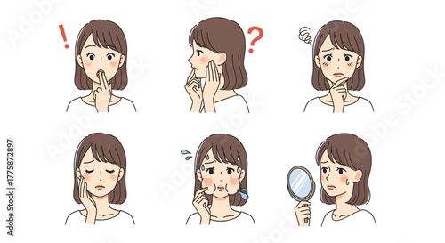 Womans facial expressions showing concern about skin condition
