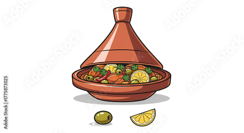 Traditional Moroccan Tagine Dish with Vegetables and Olives Served in a Ceramic Pot.