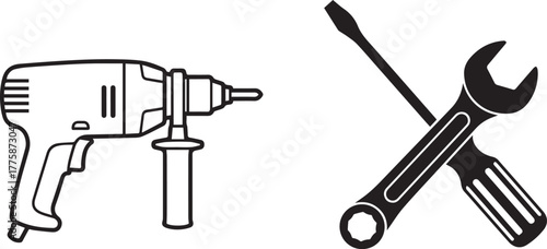 Monochrome Vector Design of Essential Power and Hand Tools Illustration