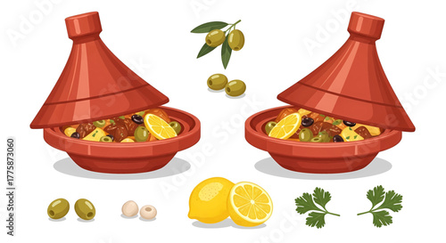 Two Traditional Moroccan Tagine Dishes with Lemon and Olives.