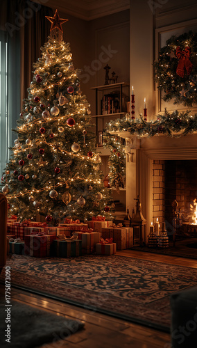 Wallpaper Mural Christmas background living room with warm lights glowing fireplace cozy atmosphere Torontodigital.ca