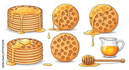 Cartoon Pancakes with Golden Honey and Butter Set.
