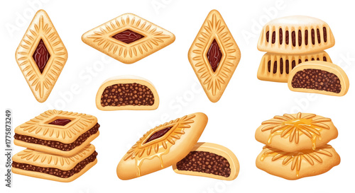 Assorted Baked Cookies with Dark Filling Various Shapes and Designs.
