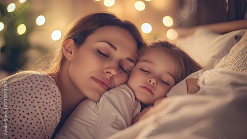 Mother sleeping with child bed warm bokeh light cozy nighttime embrace peaceful family moment and mother and child sleeping peacefully bed with warm bokeh lights background cozy nighttime atmosphere