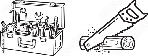 Black and White Outline Drawing of Work Tools and Wood Sawing