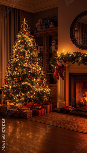 Wallpaper Mural Christmas background living room with warm lights glowing fireplace cozy atmosphere Torontodigital.ca