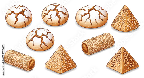 Assortment of Delicious Baked Goods: Crinkle Cookies Sesame Rolls and Pyramid Pastries.