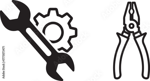 Flat Design Vector Icons: Wrench, Gear, and Pliers in Monochrome