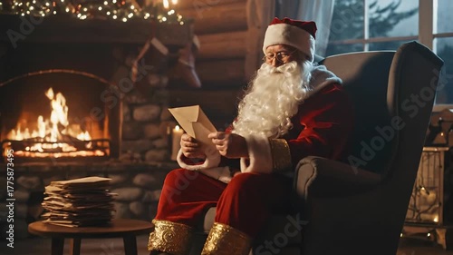 Santa Claus Reading Letter in Cozy Living Room with Fireplace and Christmas Decorations