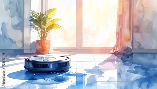 Watercolor Illustration of a Robotic Vacuum Cleaner Automatically Tending to a Clean Floor in a Bright, Sunlit, Modern Living Room